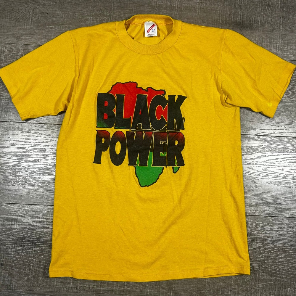 Vintage Jerzees Black Power Africa Graphic T-Shirt Yellow Mens Medium USA Made